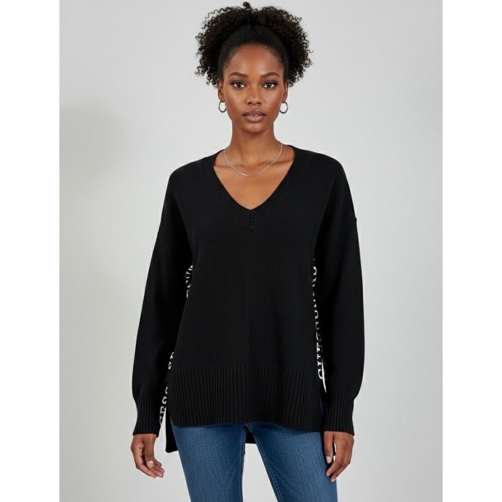 Guess Black V-Neck Logo Knit Sweater XL| Mob Wife Old Money Peppy 90s Minimalist - Picture 1 of 13